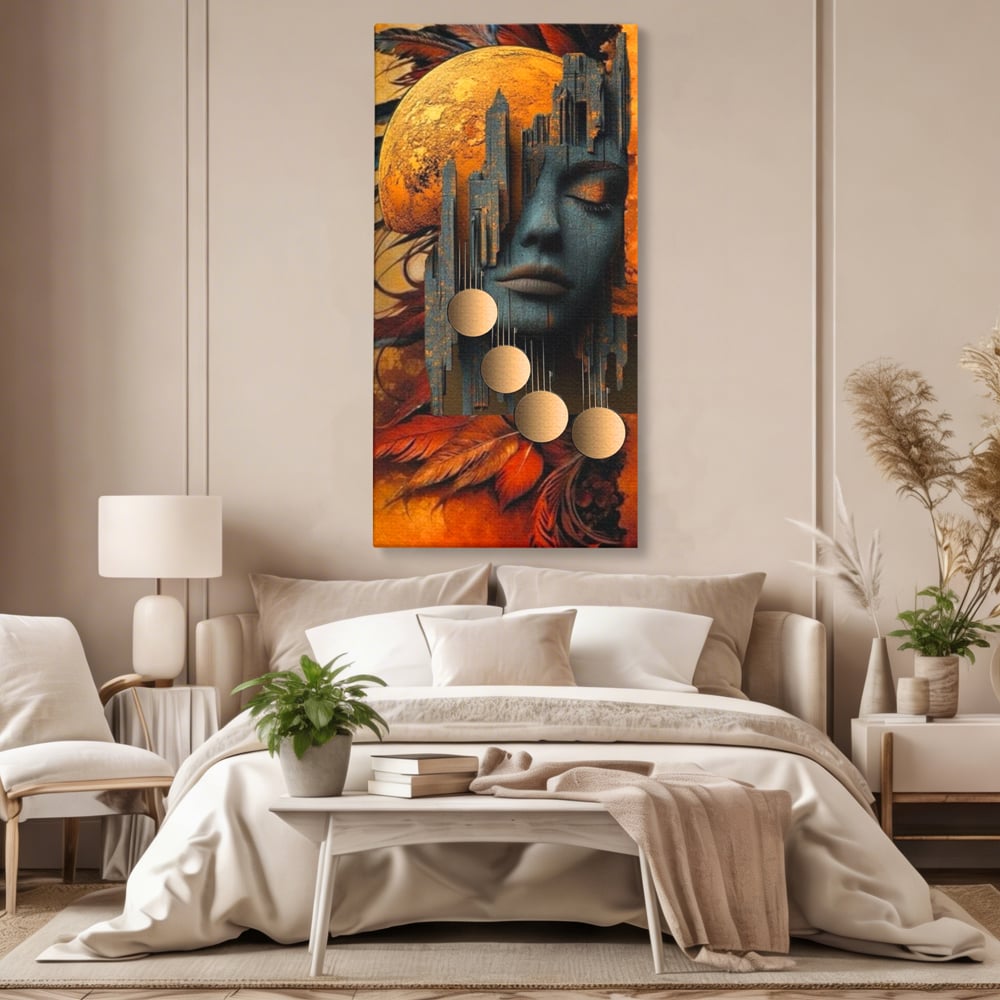 Tablou canvas cu tablou canvas cu chip de femeie si oras stilizat, fara rama, pe sasiu de lemn, pe perete intr-un dormitor
